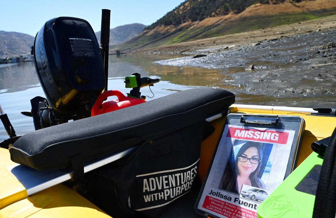 A missing persons flyer is seen in one of two inflatable watercraft being used by search teams with Adventures with Purpose as they begin their search for Jolissa Fuentes of Selma at Pine Flat Lake’s Deer Creek marina Friday morning, Aug. 26, 2022 in Fresno. The team searched Avocado Lake on Thursday. ERIC PAUL ZAMORA/ezamora@fresnobee.com