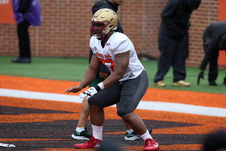 Boston College OL Zion Johnson had a strong week at the Senior Bowl. (Photo by Michael Wade/Icon Sportswire via Getty Images)