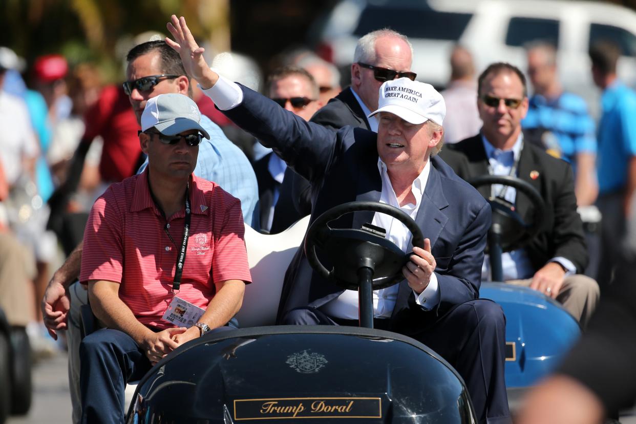 Donald Trump makes an appearance prior to the start of play during the final round of the World Golf Championships-Cadillac Championship at Trump National Doral Blue Monster Course  on March 6, 2016 in Doral, Florida.   (Getty Images)