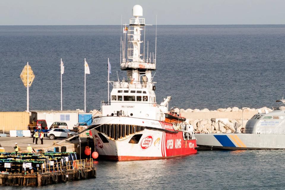 The Open Arms vessel, carrying two-hundred tonnes of food aid to Gaza, is seen docked in the Cypriot port of Larnaca on March 9, 2024. (AFP/Getty)