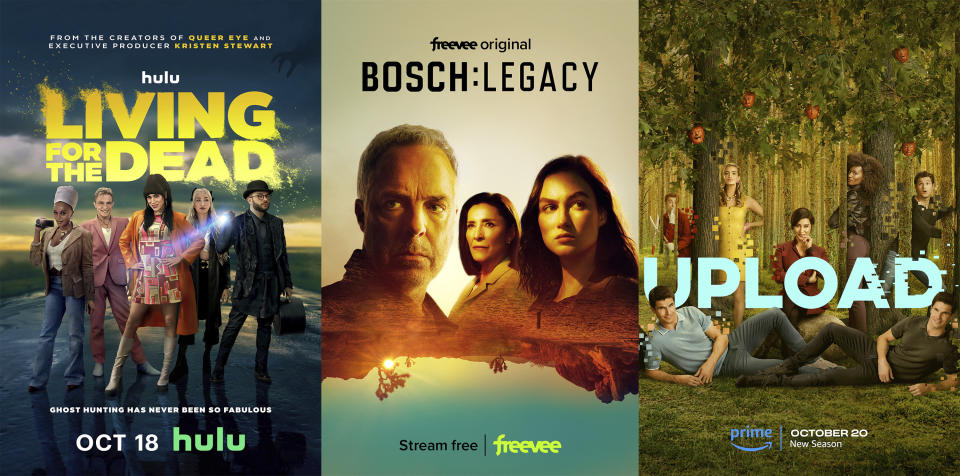 This combination of photos shows promotional art for "“Living for the Dead,” a new Hulu series executive produced and narrated by Kristen Stewart, left, “Bosch: Legacy,” premiering Friday, Oct. 20 on Freevee, center, and "Upload," premiering Friday, Oct. 20. (Hulu/Freevee/Prime via AP)