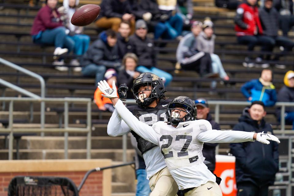 Purdue cornerback Bryce Hampton (27) defends a pass during the spring game, Saturday, April 9, 2022 at Ross-Ade Stadium in West Lafayette.