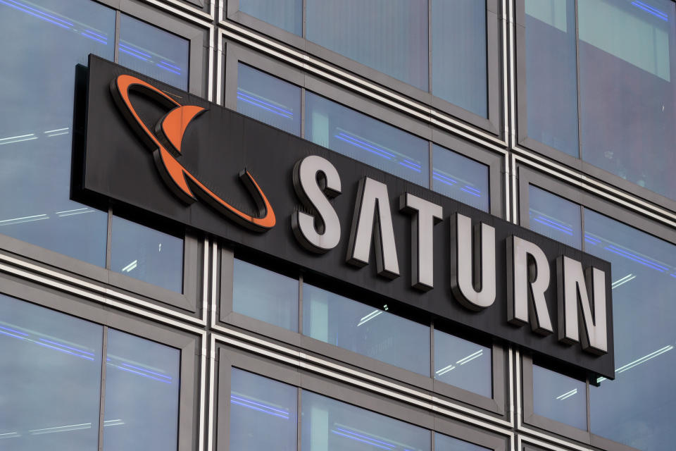 Berlin, Germany - march 30, 2016: Saturn store logo. Saturn is a German chain of electronics stores, now found in several European countries.