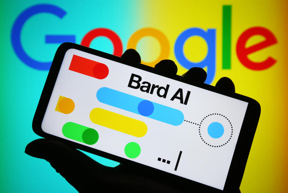 UKRAINE - 2023/04/29: In this photo illustration, Google Bard AI logo is seen on a smartphone and Google logo on a pc screen. (Photo Illustration by Pavlo Gonchar/SOPA Images/LightRocket via Getty Images)