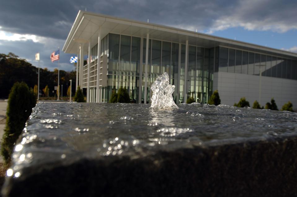 A water fountain bubbles in the courtyard between buildings at the BMW facility in Woodcliff Lake.