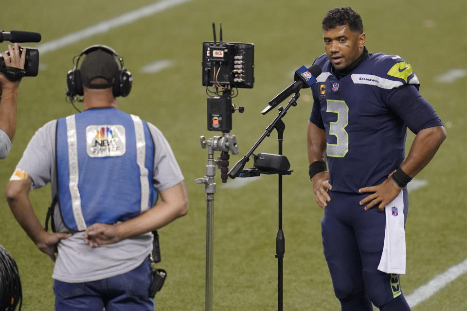 Seattle Seahawks quarterback Russell Wilson immediately sent his thoughts and prayers to James White in his post-game interview. (AP Photo/Elaine Thompson)