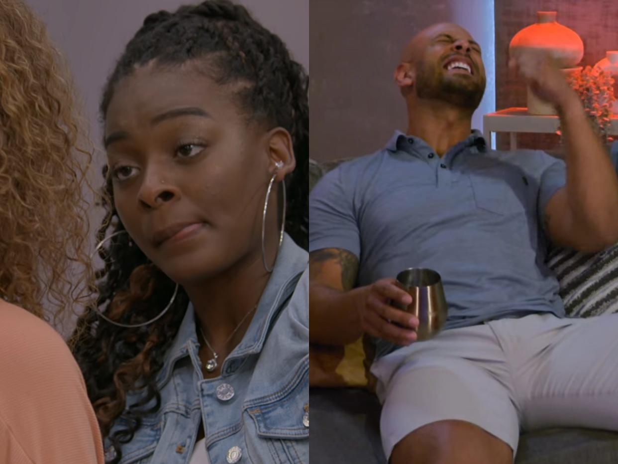 Aaliyah reacts to Lydia talking about Uche on "Love Is Blind" (left) and Izzy reacting (right)