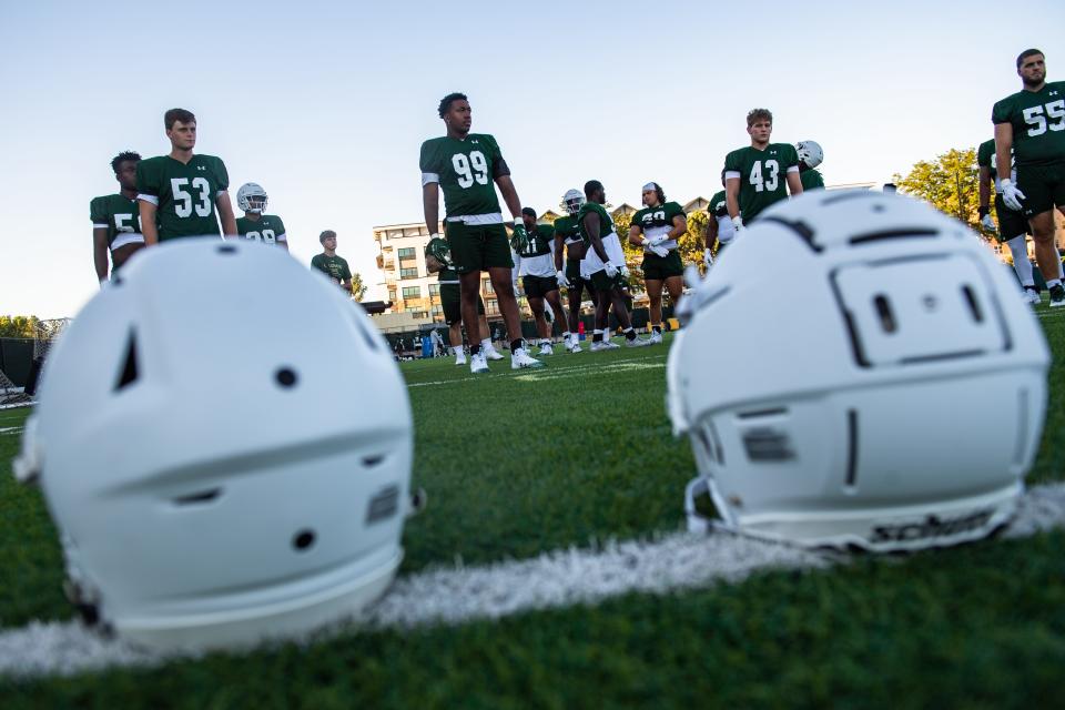 Colorado State football players practice on Friday in Fort Collins. The Rams begin their season with a game against Washington State on Sept 2.