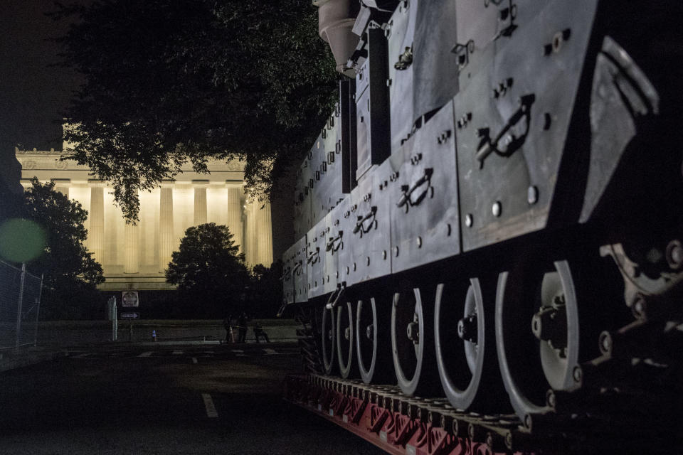 One of two Bradley Fighting Vehicles is parked next to the Lincoln Memorial ahead of President Trump's Salute to America event. (AP photo/Andrew Harnik)