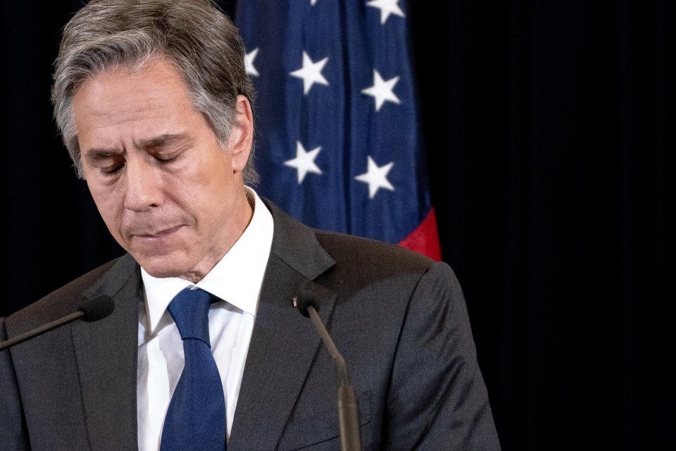 United States Secretary of State Antony Blinken speaks during a press conference during his official visit to Thailand, in Bangkok, Sunday, July 10, 2022. (Stefani Reynolds/Pool Photo via AP)