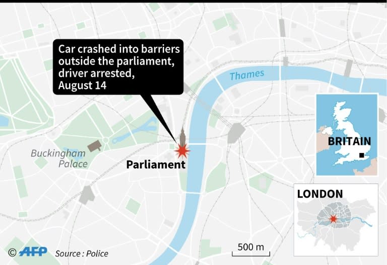 Map of London locating the House of Parliament, where a car crashed into barriers