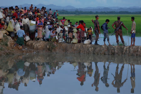 FILE PHOTO: Rohingya refugees who fled from Myanmar wait in the rice field to be let through after after crossing the border in Palang Khali, Bangladesh October 9, 2017. To match Special Report MYANMAR-FACEBOOK/HATE REUTERS/Damir Sagolj/File