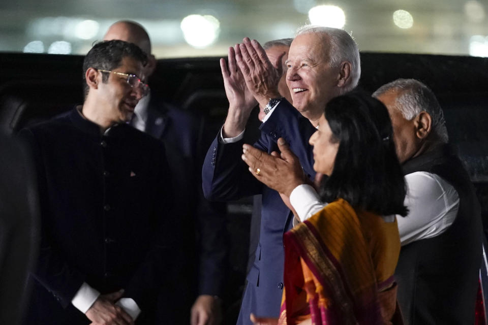 President Joe Biden smiles after arriving at Indira Gandhi International Airport to attend the G20 summit, Friday, Sept. 8, 2023, in New Delhi. (AP Photo/Evan Vucci)