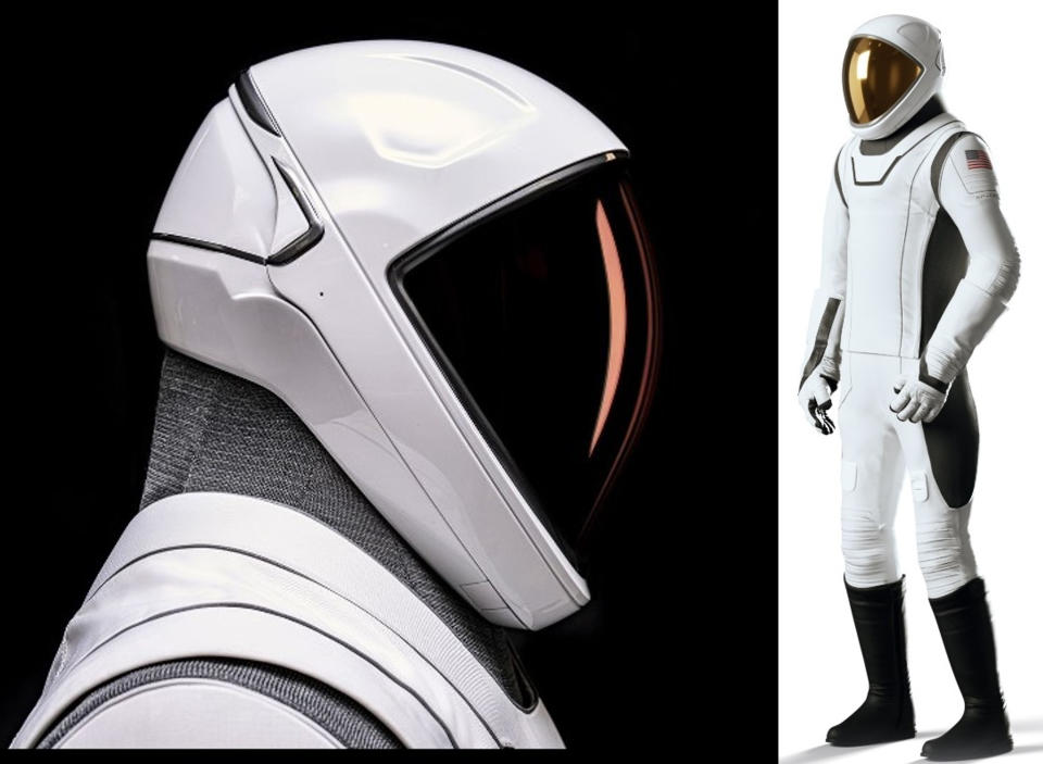 at left, bust profile view of a white astronaut looking right.  On the right, in a narrower part of the image, that full spacesuit, facing the left hand.  The white is accented with dark gray joints, black boots, and a copper gold visor.