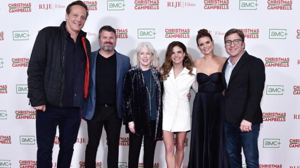 (Left to Right) Co-Writer/Producer Vince Vaughn, Exec Producer Mark Ward, Julia Duffy, Director Clare Niederpruem, JoAnna Garcia Swisher and Producer Peter Billingsley start the holidays early at the “Christmas with the Campbells” premiere in West Hollywood.