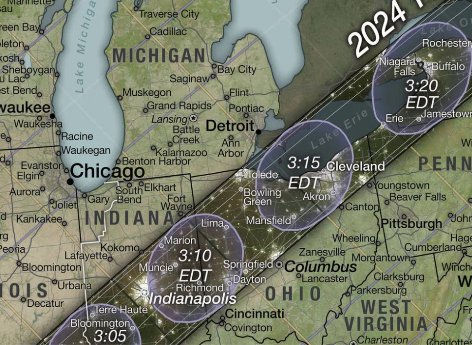 The moon's shadow will move quickly during the eclipse. On the map, ovals within the path of totality show the location of the shadow at different times. At 3:10 p.m. EDT, the shadow will be over Dayton, Ohio, and by 3:20 p.m. EDT, it will have moved to Buffalo, New York. / Credit: NASA/Scientific Visualization Studio/Michala Garrison; eclipse calculations by Ernie Wright, NASA Goddard Space Flight Center