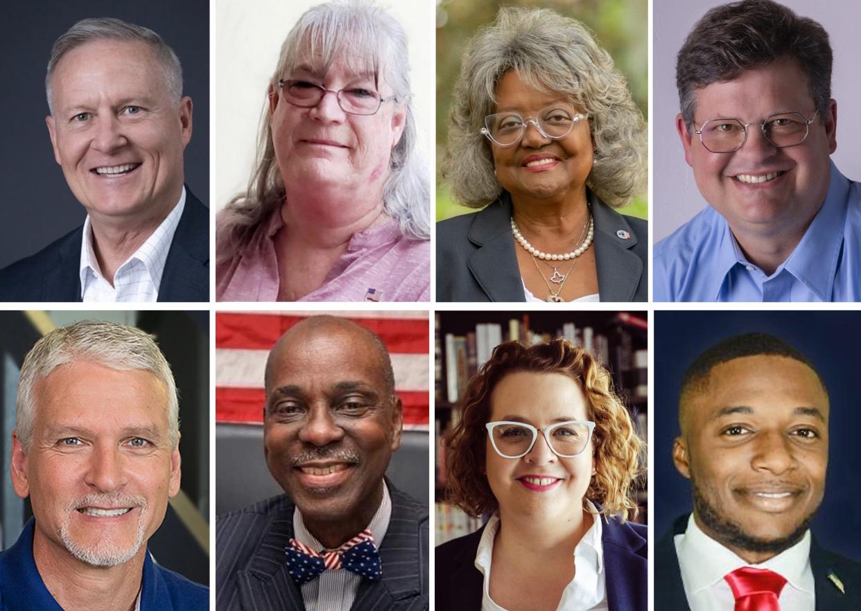 State election candidates, top left to right, Chuck Clemons, Hollye Merton, Yvonne Hayes Hinson, Brandon Peters, bottom, left to right, Keith Perry, Rodney Long, Olysha Magruder and Tayari Appiah.