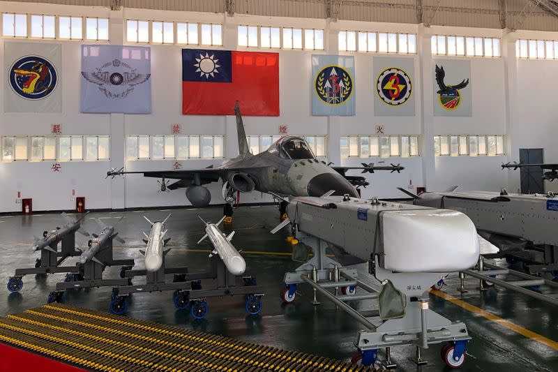 Indigenous Defense Fighter (IDF) fighter jet and missiles are seen at Makung Air Force Base in Taiwan's offshore island of Penghu