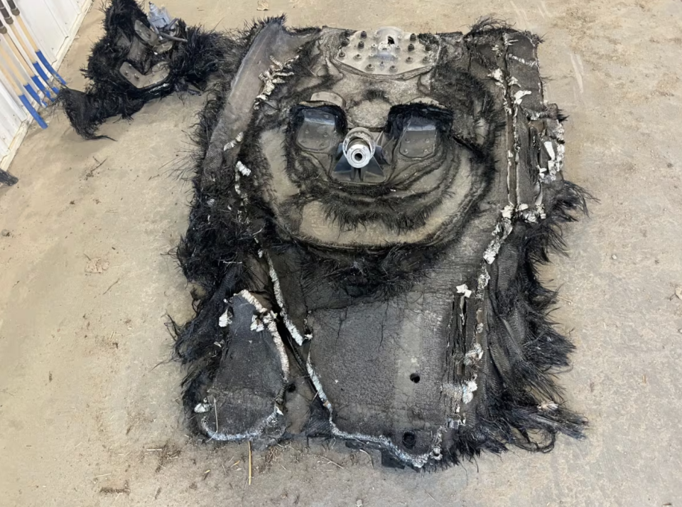 This space debris, which astronomers think came from a SpaceX craft, is believed to have landed on a Saskatchewan farm in February and was recently discovered by the landowner. (Adam Bent/CBC)
