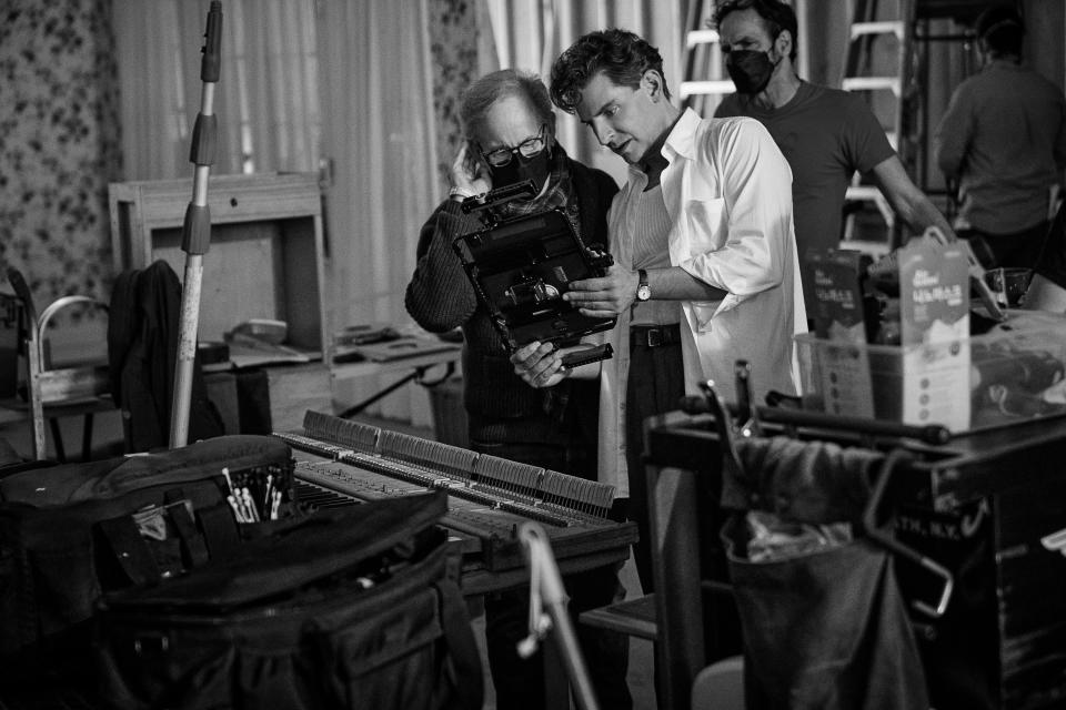 Producer Steven Spielberg and writer-director-star Bradley Cooper as Leonard Bernstein on the set.