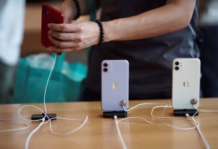 Apple's new iPhone 11 phones are displayed at the Apple Store in IFC, Central district, Hong Kong, China