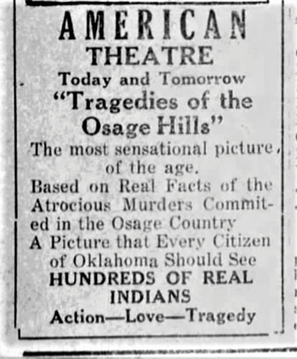 Advertisement for "Tragedies of the Osage Hills," Cushing Daily, May 11, 1926.