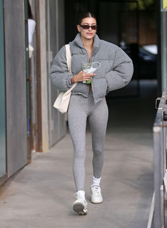 Hailey Bieber Is Sporty in a Gray Prada Puffer Jacket and White New Balance  Sneakers