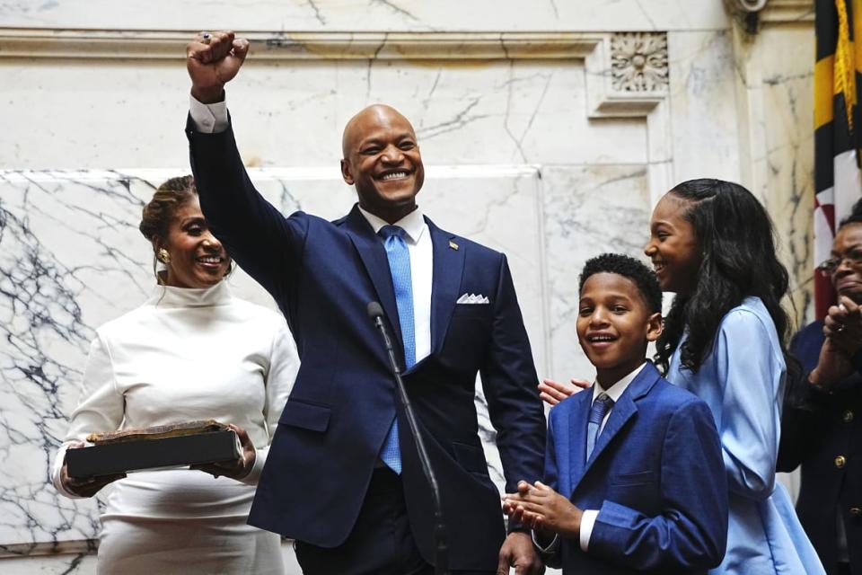 Maryland Governor Wes Moore celebrates after being sworn in as the 63rd governor of the state of Maryland in Annapolis, Maryland, Jan. 18, 2023. (AP Photo/Bryan Woolston, Pool)