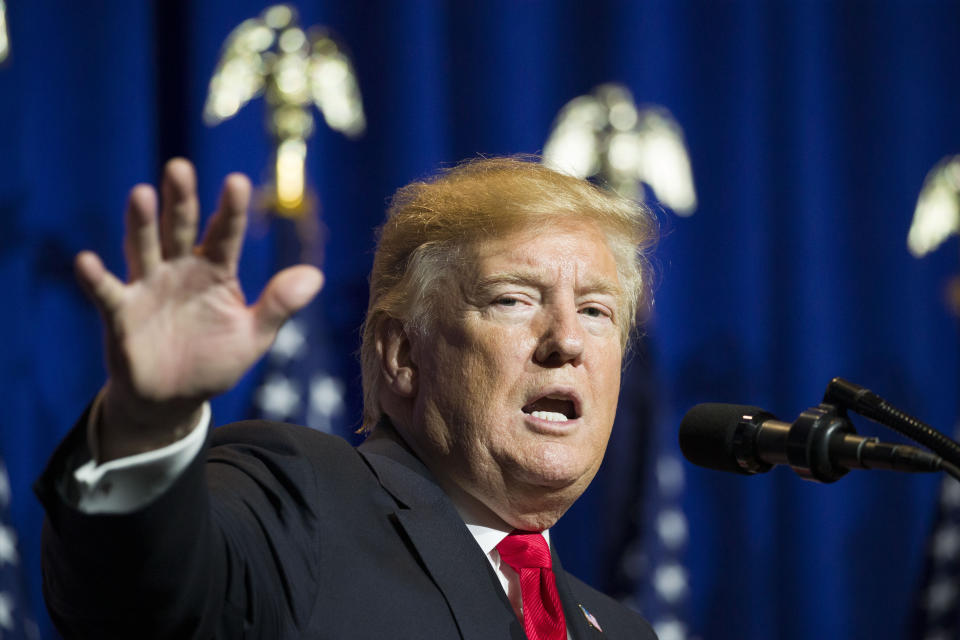 President Donald Trump speaks at the National Association of REALTORS Legislative Meetings and Trade Expo, Friday, May 17, 2019, in Washington. (AP Photo/Alex Brandon)