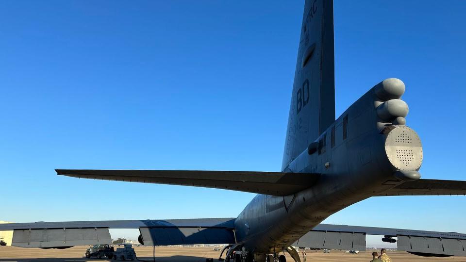 A B-52H bomber, dubbed the Red Gremlin II, sits on the flight line before a Jan. 4, 2024, training flight at Barksdale Air Force Base, La. (Stephen Losey/Staff)