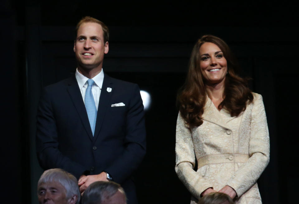 LONDON, ENGLAND - AUGUST 29: (L-R) Prince William, Duke of Cambridge and Catherine, Duchess of Cambridge look on during the Opening Ceremony of the London 2012 Paralympics at the Olympic Stadium on August 29, 2012 in London, England. (Photo by Dan Kitwood/Getty Images)