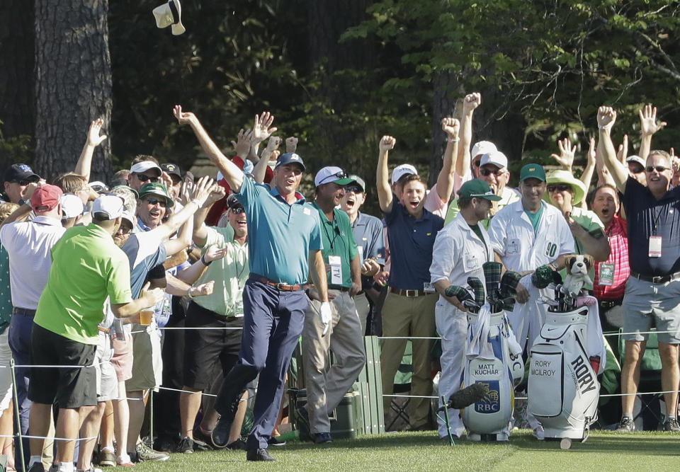 Matt Kuchar reacts after his hole in one on the 16th hole during the final round of the Masters golf tournament Sunday, April 9, 2017, in Augusta, Ga. (AP Photo/Matt Slocum)