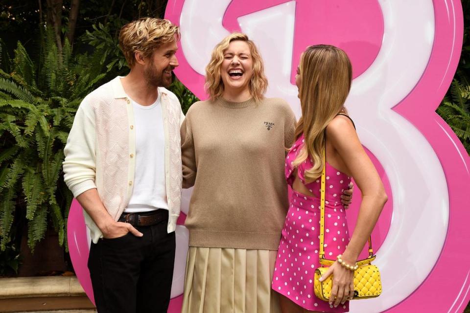 Greta Gerwig, center, joins Ryan Gosling and Margot Robbie for the press junket and photo call for “Barbie” at Four Seasons Hotel Los Angeles at Beverly Hills on June 25.