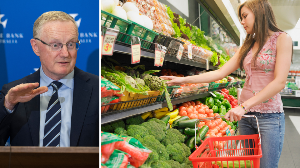 RBA governor Philip Lowe announcing an interest rate rise, and a woman shopping for groceries.