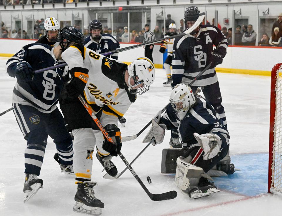 BOURNE  03/10/24 Colin Ward of Nauset puts a shot on Somerset Berkley goalie Brandon Silva. boys hockey
Ron Schloerb/Cape Cod Times