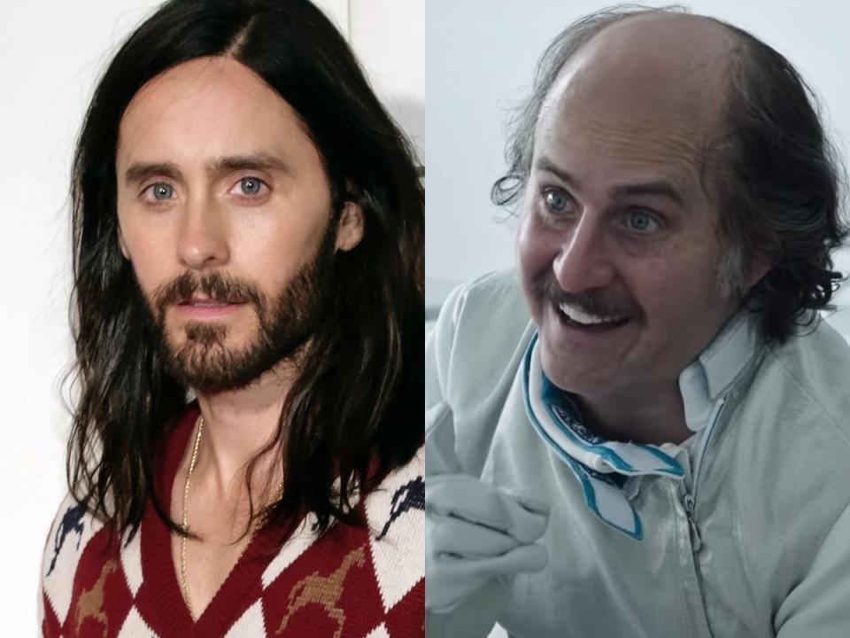 On the left: Jared Leto at Tribeca Film Festival in 2019. On the right: Jared Leto as Paolo Gucci in "House of Gucci."