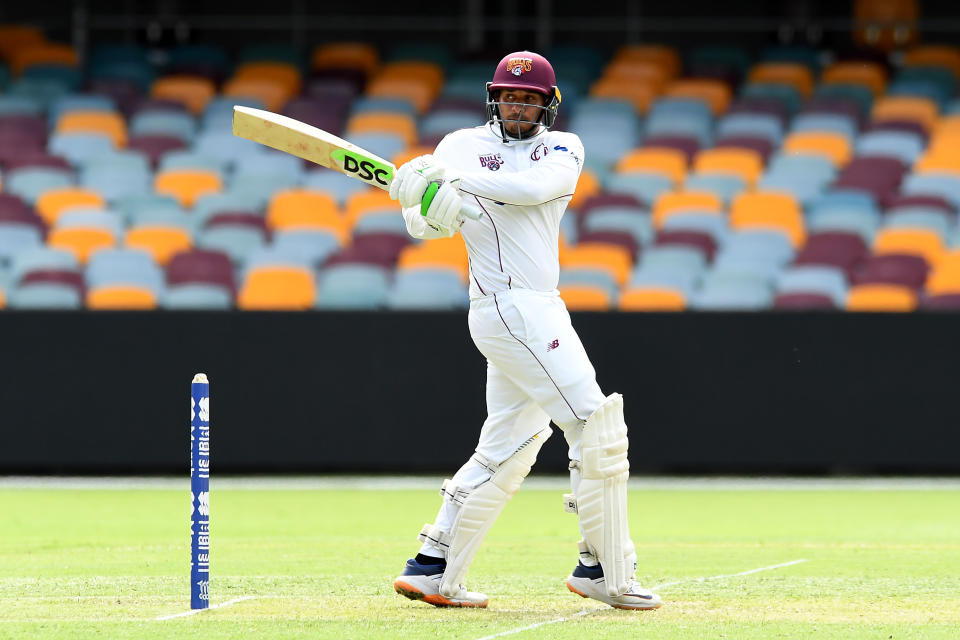  Usman Khawaja of the Bulls bats during day one of the Sheffield Shield match between Queensland and Western Australia at the Gabba (Photo: Getty Images)ES)