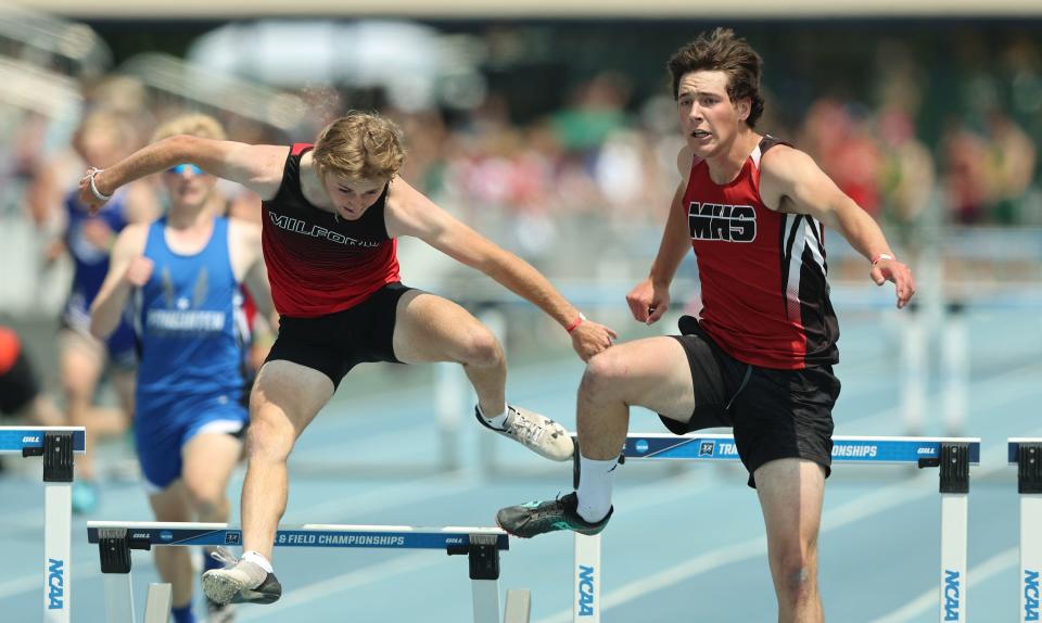 Manila’s Tuck Davis (right) edges Milford’s Treyton Rose as they run in the 300m hurdles as High School athletes gather at BYU in Provo to compete for the state track and field championships on Saturday, May 20, 2023. | Scott G Winterton, Deseret News