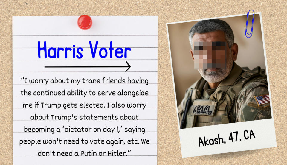 Harris Voter quote: “I worry about my trans friends serving if Trump gets elected. I worry about Trump's statements becoming dictator. We don’t need another Hitler.” Photo of Akash, 47, CA