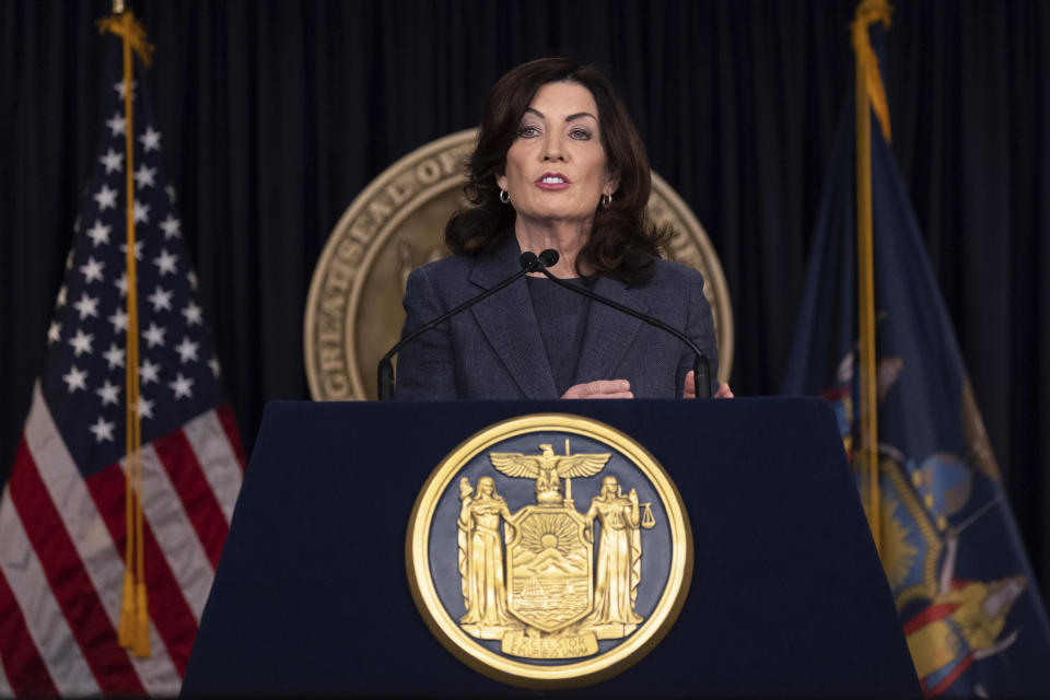 FILE - New York Governor Kathy Hochul addresses the media during a press conference Monday, March. 13, 2023, in New York. About 1 in 5 American workers, including retail and construction workers, are bound by noncompete agreements, according to the Federal Trade Commission. Hochul hasn't said whether she intends to sign state legislation passed last June that would ban noncompete agreements. The legislation has come under a fierce attack by business groups. (AP Photo/Yuki Iwamura, File )