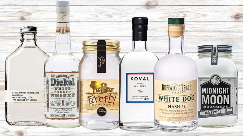 six white whiskey bottles