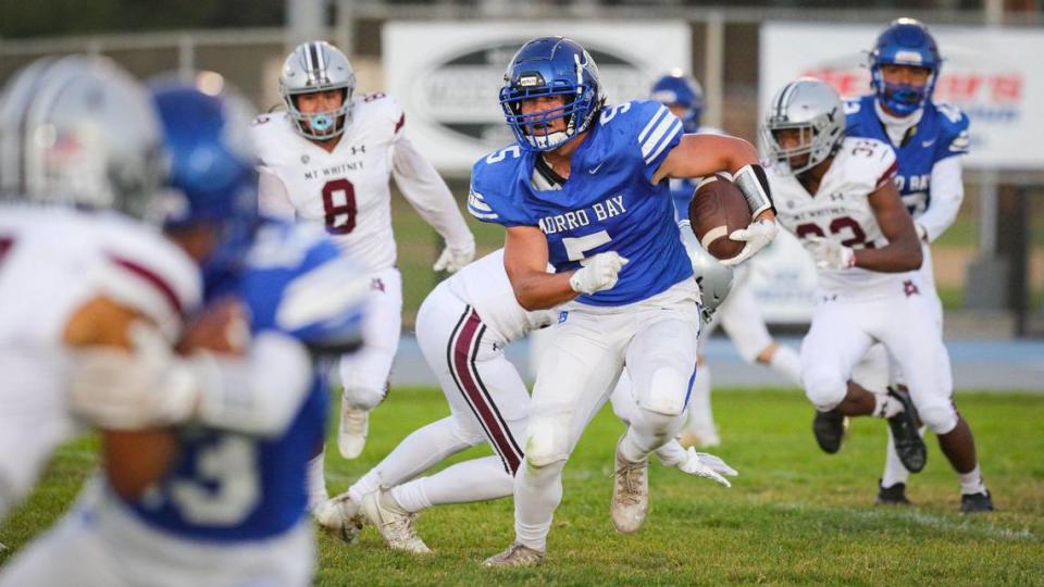 Nami Hoag runs for the Pirates. Morro Bay hosted Mt. Whitney High School for week two of the football season. The Pirates fell to the Pioneers 28-16.