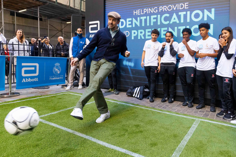 <p><em>Ted Lasso </em>star Jason Sudeikis shows off his soccer skills while running drills with teens from the Real Madrid Foundation's Social Sports School outside the New York Stock Exchange on Oct. 18, helping announce a partnership between the foundation and Abbott to help support nutrition for kids worldwide.</p>