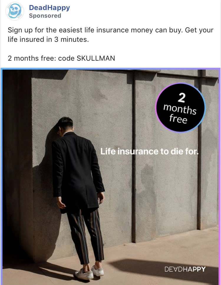 ***EMBARGOED UNTIL 00.01 GMT, WED DEC 11TH 2019***  An "offensive" Facebook advert for life insurance has been banned for trivialising male suicide and depression. See National story NNinsure; The ad for Derby-based insurance provider DeadHappy - whose company logo is a laughing skull - was accompanied by an image of a man, clearly in distress, leaning his head against the wall with text reading â...Life insurance to die forâ.Someone quickly complained about the post, which appeared on Facebook in September, claiming it was alluding to male youth suicide and criticising it as irresponsible and offensive. DeadHappy responded by pointing out that, of the 39 words featured in the advert, âdepressionâ or âsuicideâ werenât mentioned at all - and argued that the image had no connection to either. The company added that the post was part of a larger campaign focussing on âthe bizarre and absurdâ - and that the campaign was chosen based on their ability to stop someone scrolling past. However the A