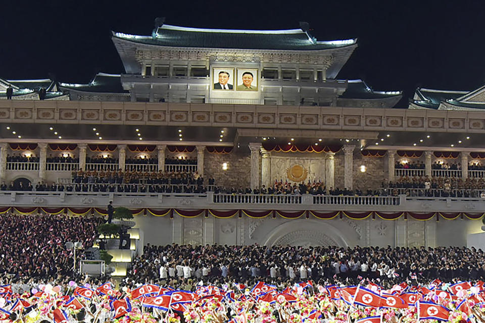 This photo provided Saturday, Sept. 9, 2023, by the North Korean government shows the paramilitary parade, marking North Korea’s 75th founding anniversary at Kim Il Sung Square in Pyongyang, North Korea, Friday, Sept. 8. Independent journalists were not given access to cover the event depicted in this image distributed by the North Korean government. The content of this image is as provided and cannot be independently verified. (Korean Central News Agency/Korea News Service via AP)