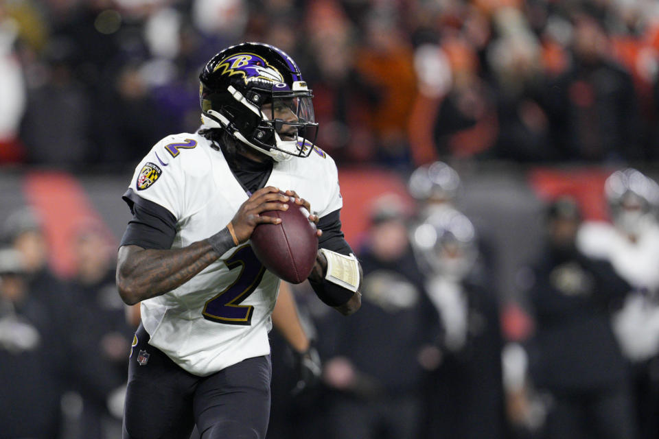 Baltimore Ravens quarterback Tyler Huntley (2) plays during a wild-card playoff NFL football game against the Cincinnati Bengals, Monday, Jan. 16, 2023, in Cincinnati. (AP Photo/Jeff Dean)