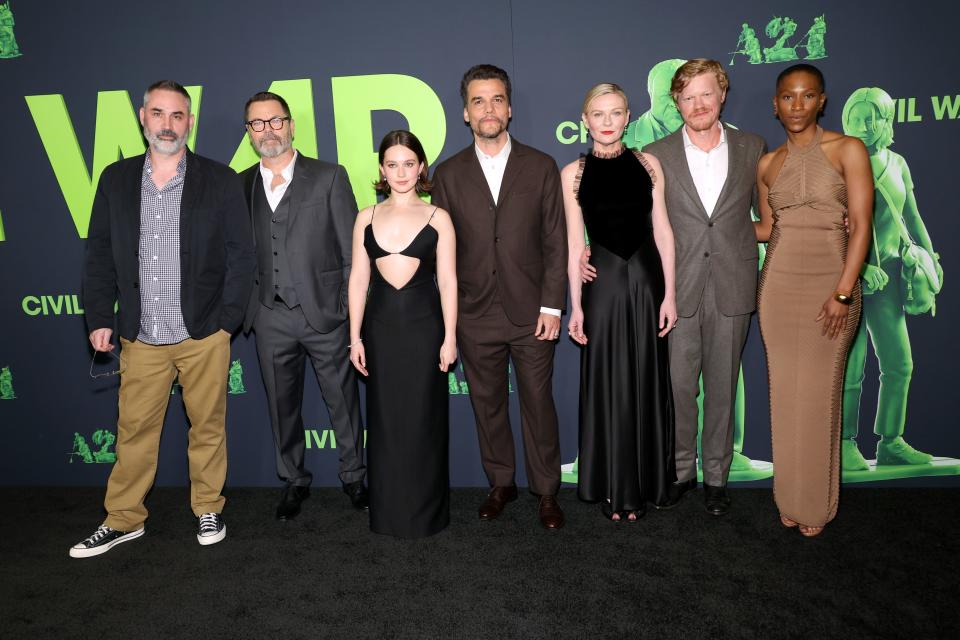 At the premiere of "Civil War" on April 02, 2024, in Los Angeles are, from left, Alex Garland, Nick Offerman, Cailee Spaeny, Wagner Moura, Kirsten Dunst, Jesse Plemons and Jojo T. Gibbs.