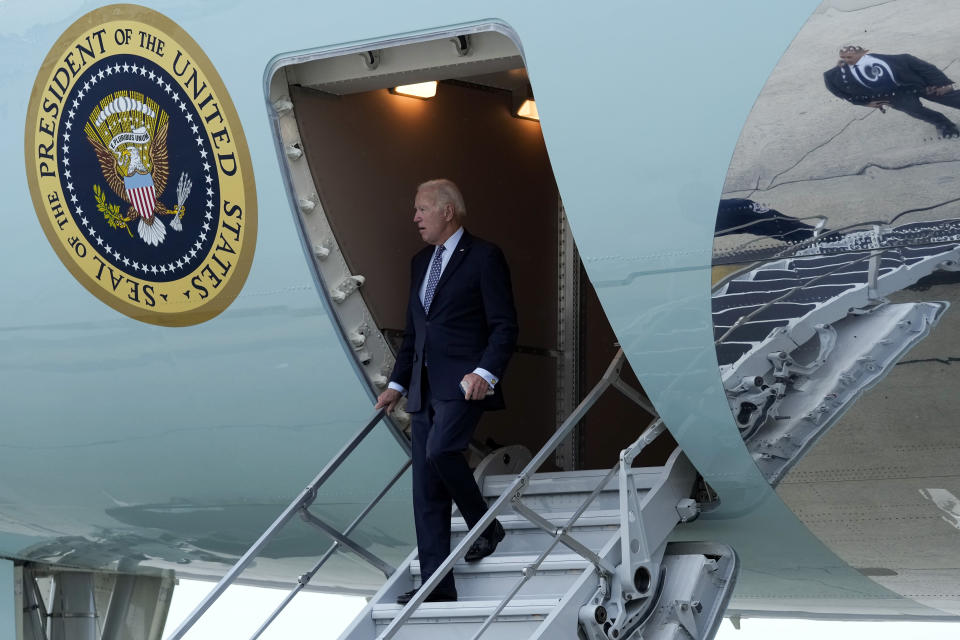 FILE - President Joe Biden walks down the steps of Air Force One at John F. Kennedy International Airport in New York, Sept. 17, 2023. Biden is in New York to attend the United Nations General Assembly and fundraisers. (AP Photo/Susan Walsh, File)