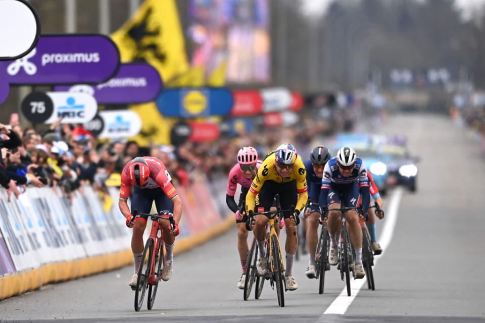 OUDENAARDE BELGIUM  APRIL 02 LR Mads Pedersen of Denmark and Team TrekSegafredo Neilson Powless of The United States and Team EF EducationEasypost Wout Van Aert of Belgium and Team JumboVisma Stefan Kng of Switzerland and Team GroupamaFDJ and Kasper Asgreen of Denmark and Team Soudal QuickStep sprint at finish line during the 107th Ronde van Vlaanderen  Tour des Flandres 2023 Mens Elite a 2734km one day race from Brugge to Oudenaarde  UCIWT  on April 02 2023 in Brugge Belgium Photo by Tim de WaeleGetty Images