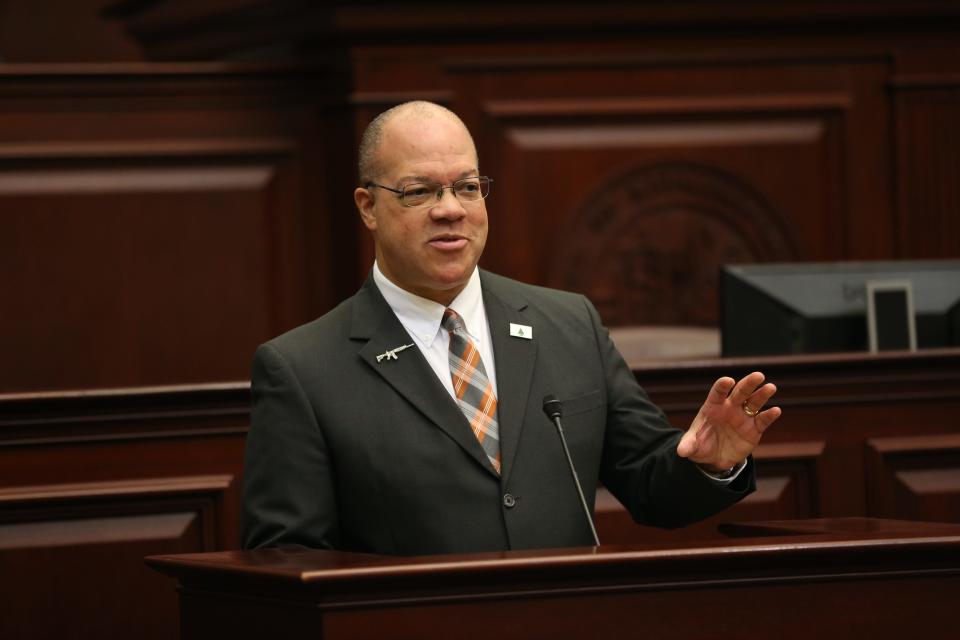 State Rep. Mike Hill speaks to the University of West Florida national championship football team as they visit the Capitol on Feb. 19, 2020.